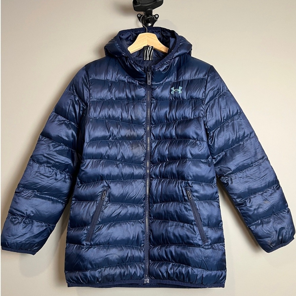 Under Armour Puffer Jacket Youth Extra Large Hooded Navy Blue‎ Winter Coat